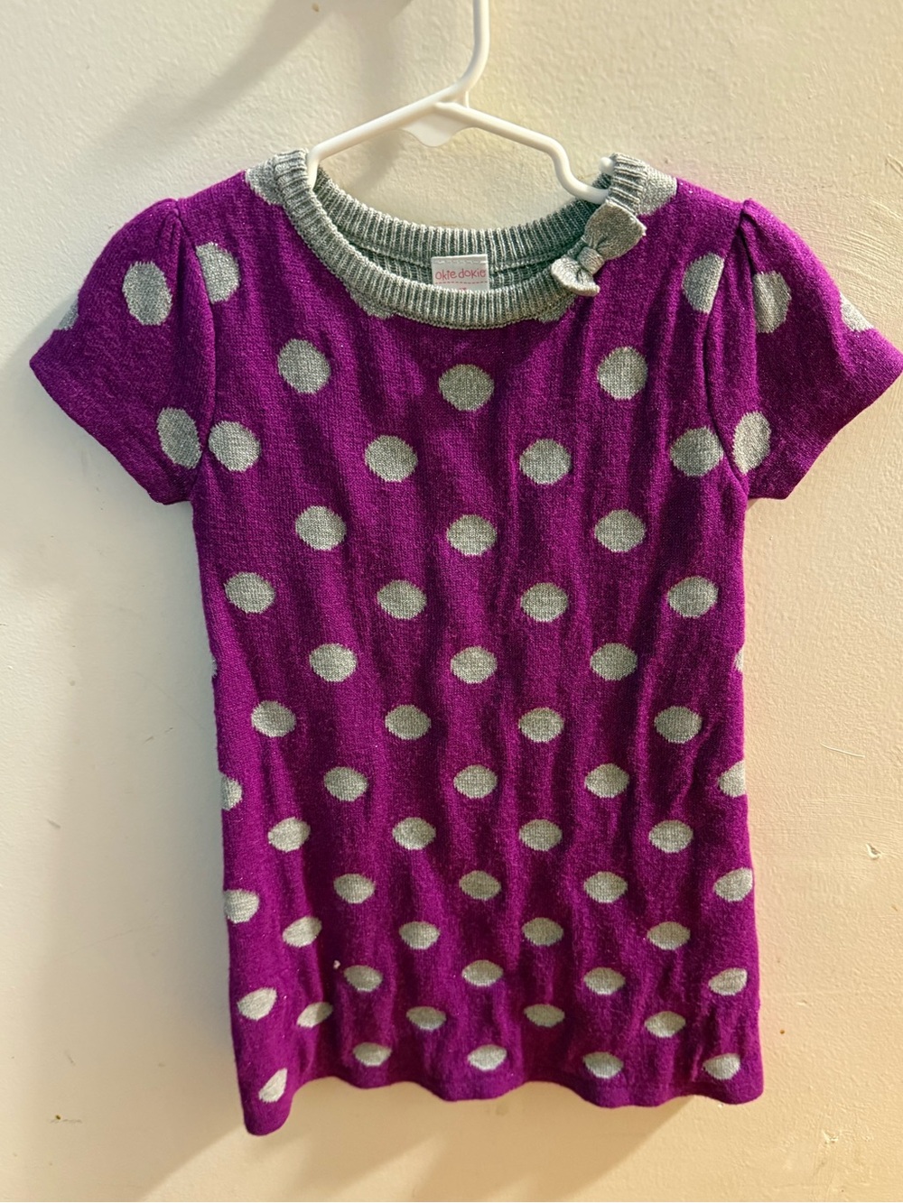 okie dokie Purple Polka Dot Knit Top with Gray Trim